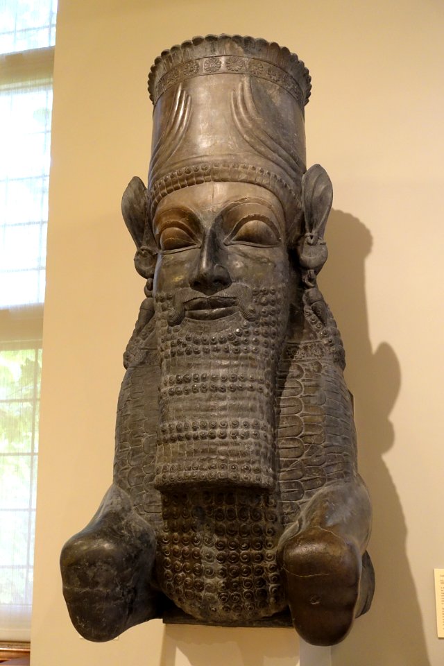 Column Capital in the Form of a Man-Bull, Iran, Persepolis, Tripylon, Achaemenid Period, reign of Xerxes, 586-465 BC, restored limestone - Oriental Institute Museum, University of Chicago - DSC07937