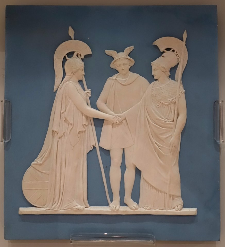 Commercial Treaty Britain with France, modeled by John Flaxman, Jr., 1786-1787, 20th century jasper with white relief - Wedgwood Museum - Barlaston, Stoke-on-Trent, England - DSC09641