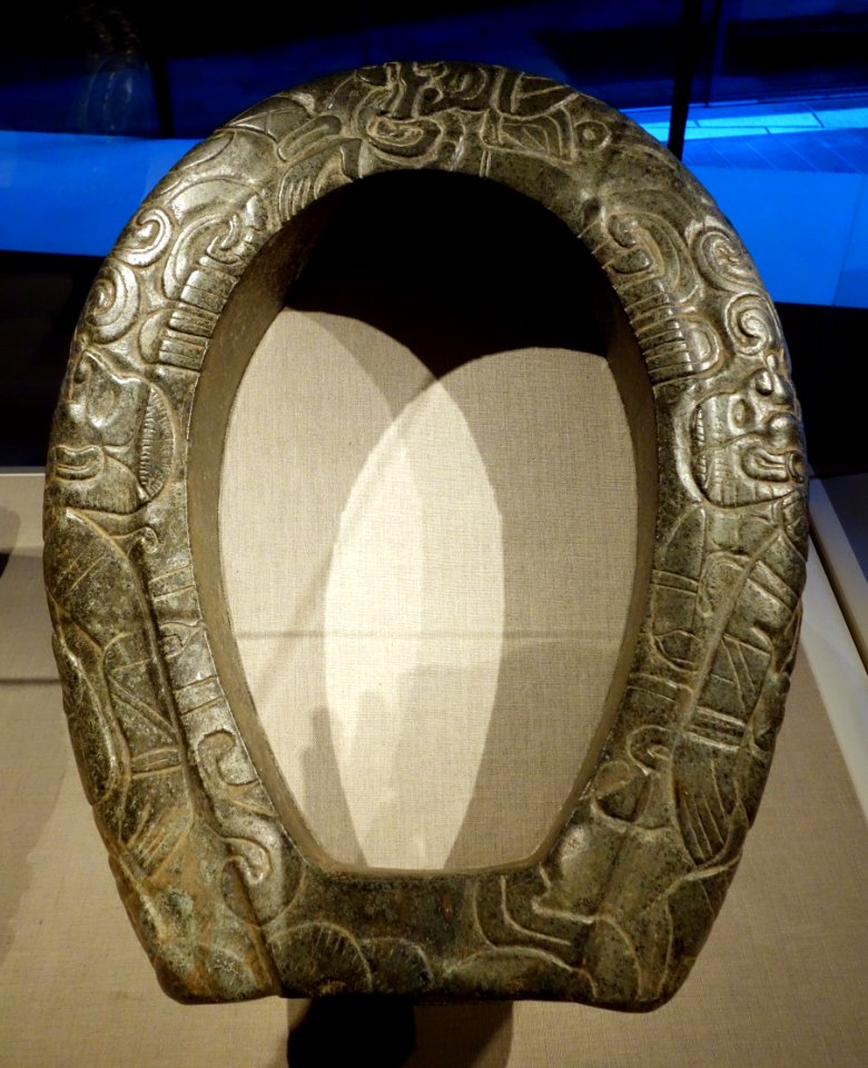 Commemorative ballgame yoke with Maize God and swimmers in the underworld, Mexico, Veracruz, Late Preclassic Maya, c. 100 AD, greenstone (basalt) - De Young Museum - DSC00561