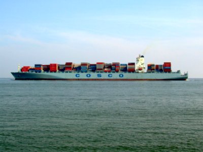Cosco China IMO 9305465 p5, leaving Port of Rotterdam, Holland 03-May-2008