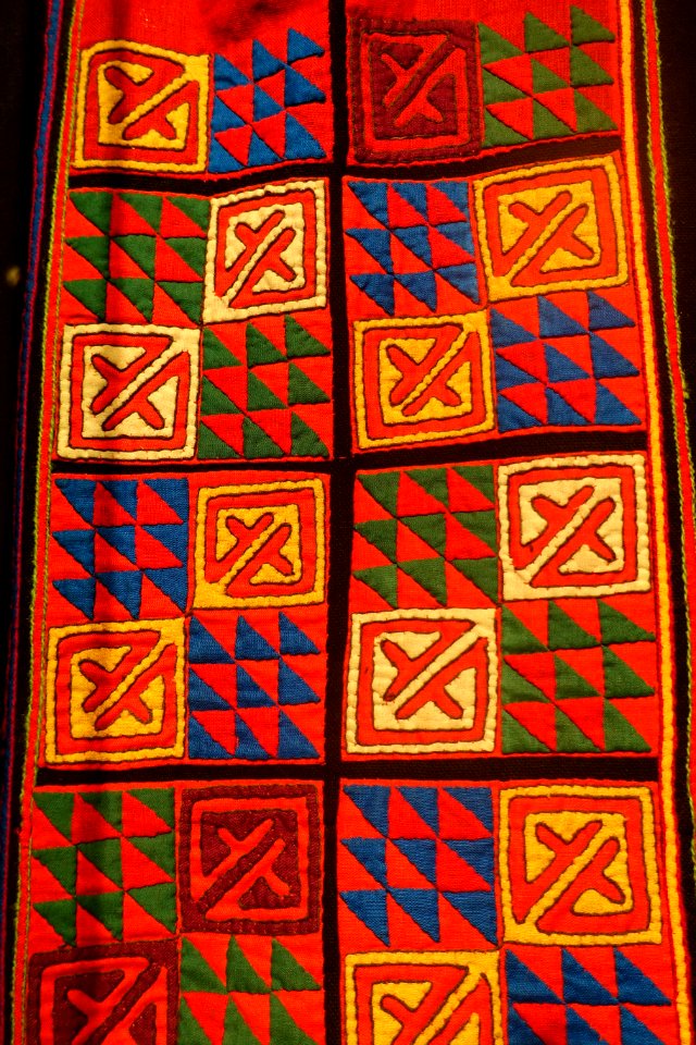 Costume, Lolo Hoa, Ha Giang, 1970, view 2, cotton, indigo, applique and embroidered patterns - Vietnamese Women's Museum - Hanoi, Vietnam - DSC03838