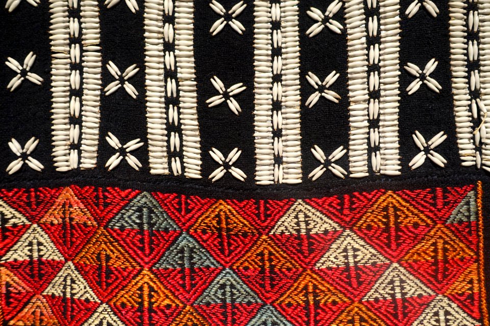Costume, Xa Pho, Lao Cai, 1970, view 2, handmade cotton, indigo, Job's Tears seeds, woven and embroidered patterns - Vietnamese Women's Museum - Hanoi, Vietnam - DSC03711