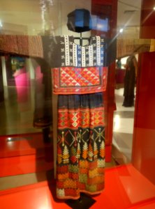 Costume, Xa Pho, Lao Cai, 1970, view 1, handmade cotton, indigo, Job's Tears seeds, woven and embroidered patterns - Vietnamese Women's Museum - Hanoi, Vietnam - DSC03709