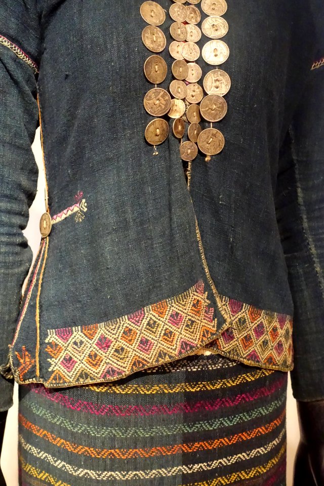 Costume, Bru - Van Kieu, Quang Tri, 2002, view 3, handmade cotton, French Indochinese coins - Vietnamese Women's Museum - Hanoi, Vietnam - DSC03893