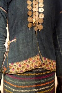 Costume, Bru - Van Kieu, Quang Tri, 2002, view 3, handmade cotton, French Indochinese coins - Vietnamese Women's Museum - Hanoi, Vietnam - DSC03893