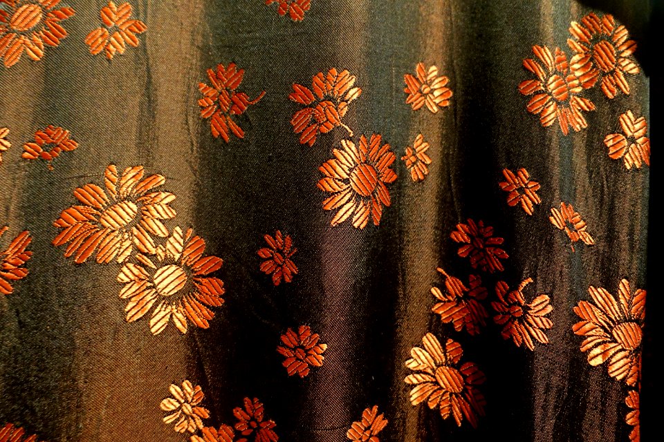 Costume, Cham, An Giang, 1956, view 2, brocade with silk skirt - Vietnamese Women's Museum - Hanoi, Vietnam - DSC04096