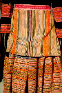 Costume, Hmong Hoa, Lao Cai, 2008, view 3, industrial cotton, hemp, velvet, wool, batik patterns - Vietnamese Women's Museum - Hanoi, Vietnam - DSC03802