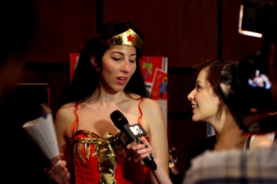 Cosplayers at Comicdom 2012 in Athens, Greece grant interviews to the MTV television channel 21