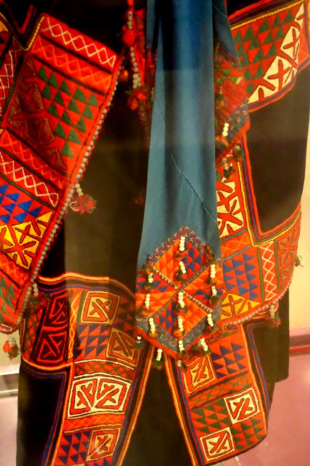 Costume, Lolo Hoa, Ha Giang, 1970, view 3, cotton, indigo, applique and embroidered patterns - Vietnamese Women's Museum - Hanoi, Vietnam - DSC03823