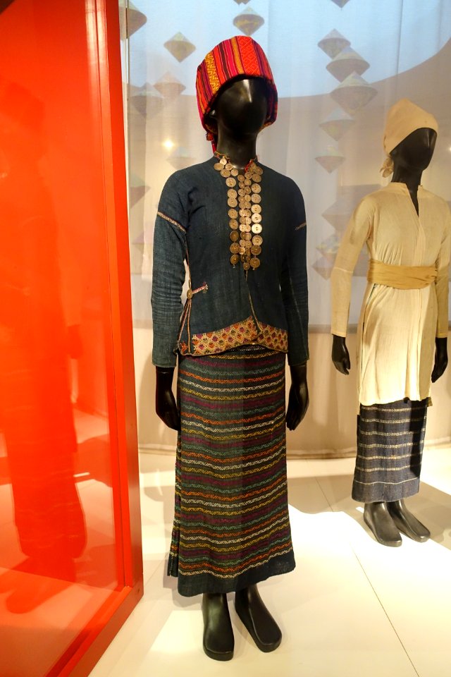 Costume, Bru - Van Kieu, Quang Tri, 2002, view 1, handmade cotton, French Indochinese coins - Vietnamese Women's Museum - Hanoi, Vietnam - DSC03885