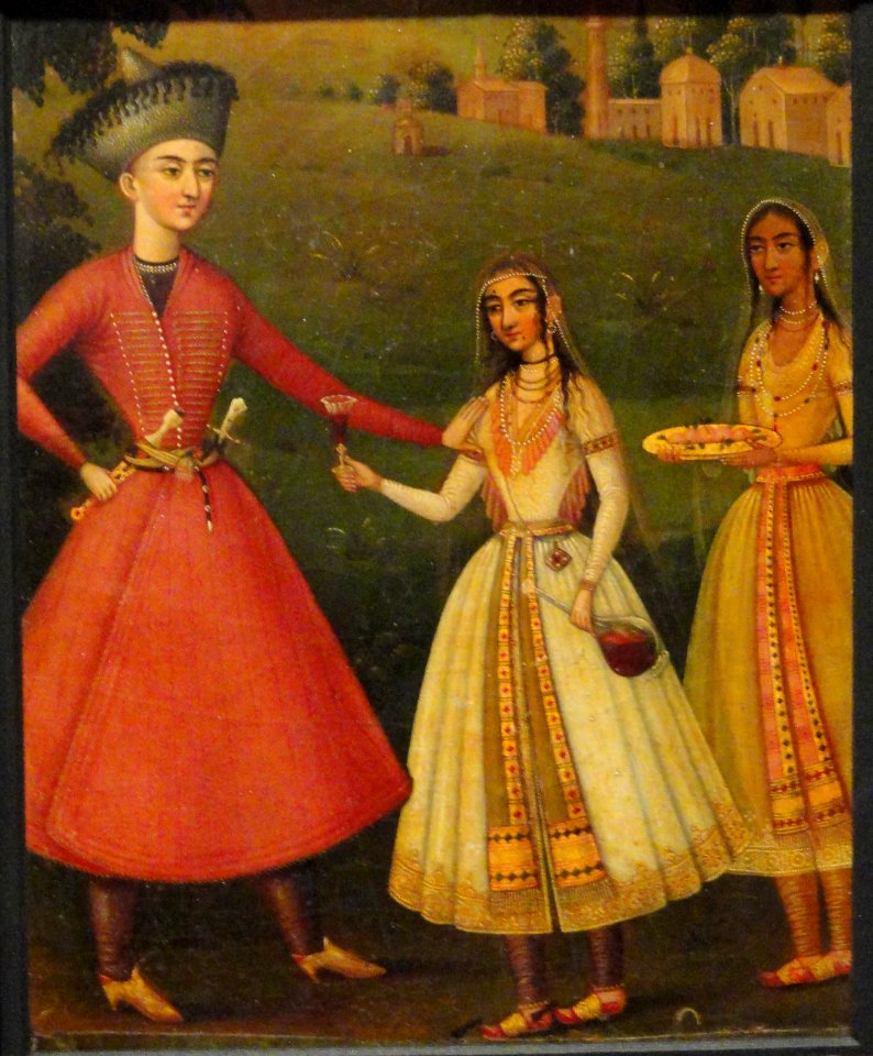 Courtier Refusing Wine from Indian Courtesans, 1650-1700, Iran, Safavid period, oil on cloth - Sackler Museum - DSC02301