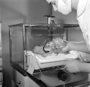 Couveusebaby Caspar krijgt de fles van een verpleegster, vermoedelijk in het Sin, Bestanddeelnr 254-2537