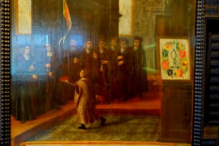 Conrad Celtes presents his book 'Norimberga' to the Nuremberg City Council, artist unknown, early 1600s, presumably after original c. 1520, oil on wood - Stadtmuseum Fembohaus - Nuremberg, Germany - DSC02076