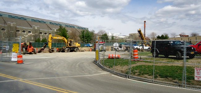 Construction site and building and road at Cornell University