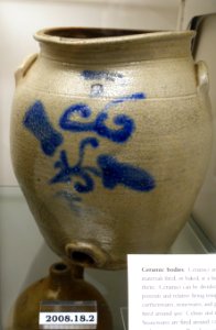 Cooler by Caleb Crafts, Whately MA, 1848-1852, salt-glazed stoneware, cobalt blue enamel, Albany slip, item HD 2008.18.2 - Flynt Center of Early New England Life - Deerfield, Massachusetts - DSC04205
