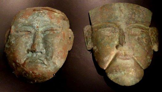 Death masks, Khitan people, northern China and Inner Mongolia, Liao dynasty, c. 1000 AD, left copper, right silver - Östasiatiska museet, Stockholm - DSC09629
