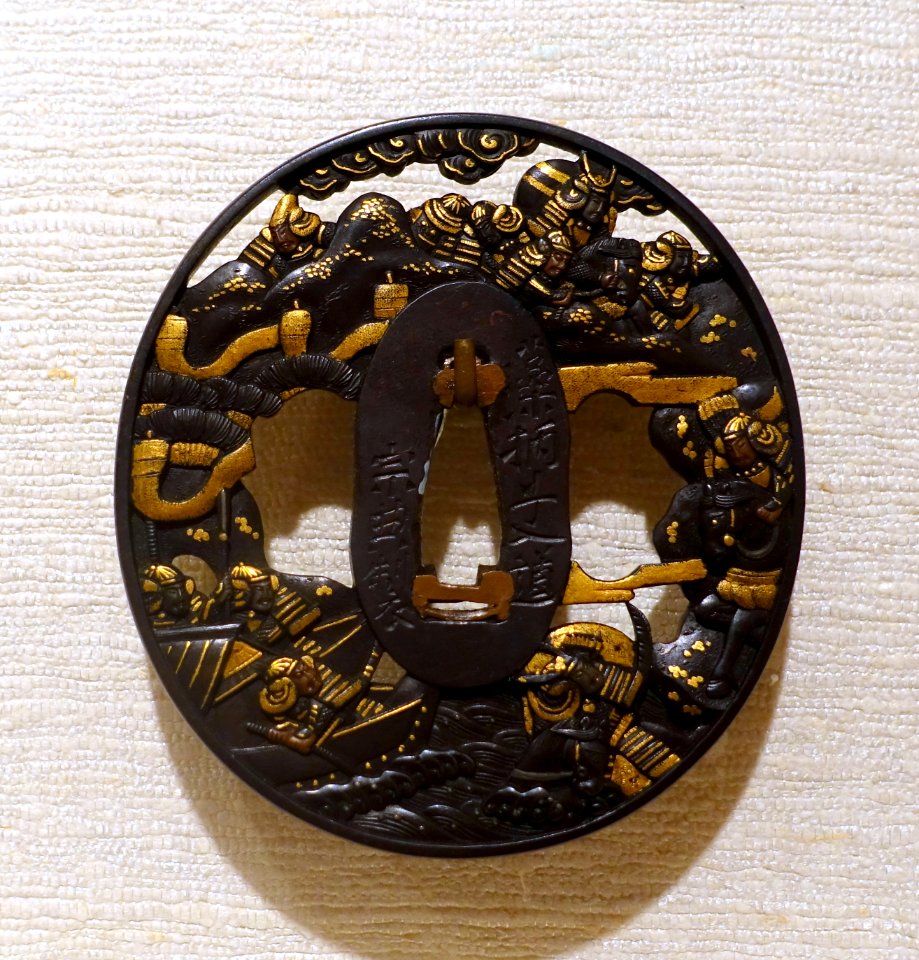 Death of Taira Atsumori, tsuba, Japan, Soten II, shakudo (gold and copper alloy), gold - Peabody Essex Museum - DSC07450