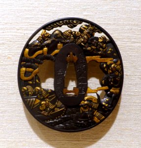 Death of Taira Atsumori, tsuba, Japan, Soten II, shakudo (gold and copper alloy), gold - Peabody Essex Museum - DSC07450