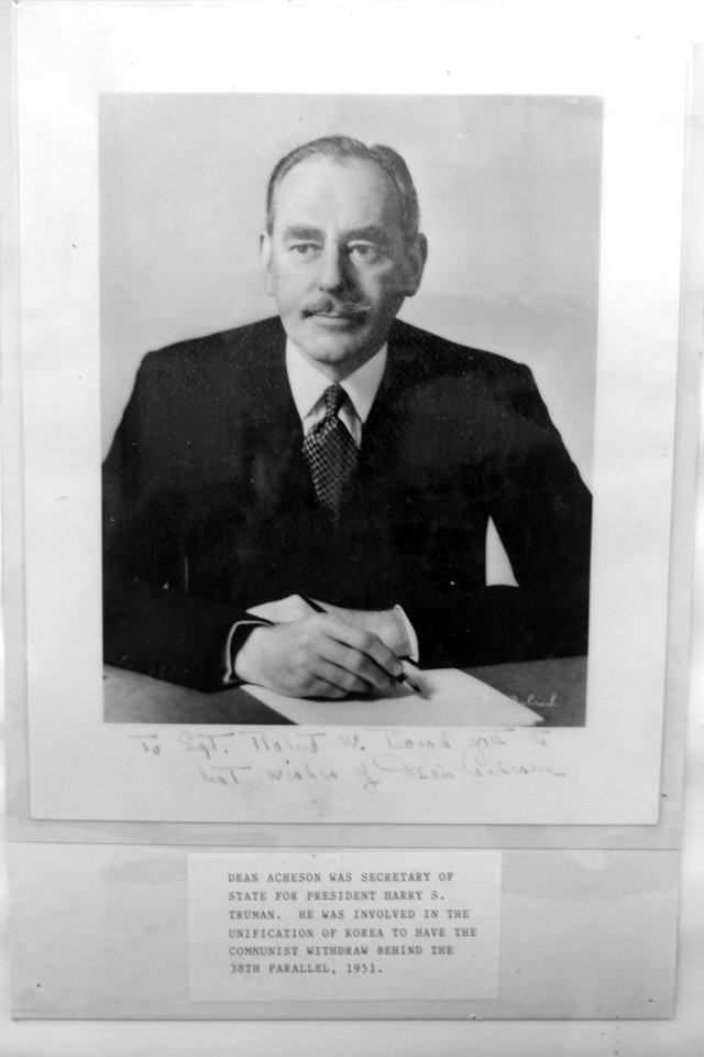 Dean Acheson photo, with inscription to Sgt. Robert W. Boord - Oregon Air and Space Museum - Eugene, Oregon - DSC09738