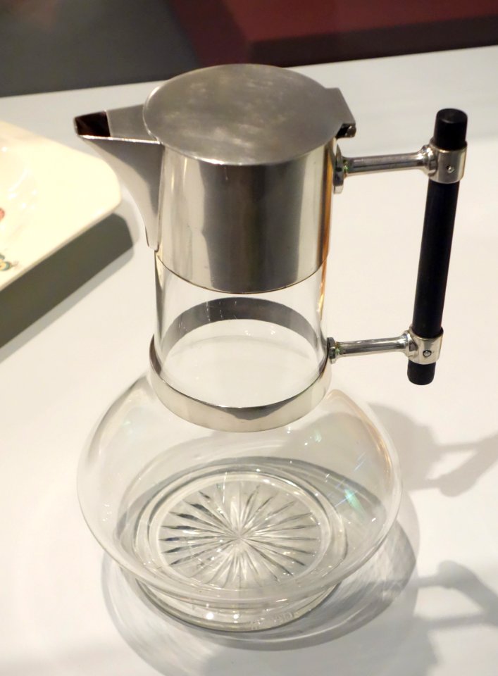 Decanter by Christopher Dresser (1834-1904), made by Hukin & Heath (1878-1887), Birmingham, England, designed c. 1881, glass, silver, ebonized wood - Brooklyn Museum - Brooklyn, NY - DSC08879