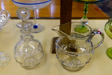 Decanter and pitcher, made by Thomas Cain, Boston, c. 1813-1825, glass - Old Colony History Museum - Taunton, Massachusetts - DSC03868