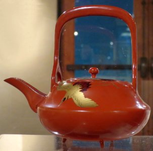 Decanter from New Year sake set with images of cranes from Japan, lacquer on wood, late 19th century