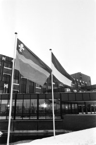De vlag van Flevoland naast die van Nederland voor het nieuwe provinciehuis in L, Bestanddeelnr 933-5313