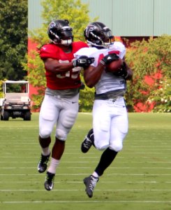 Deion Jones intercepting a pass at training camp, 2016