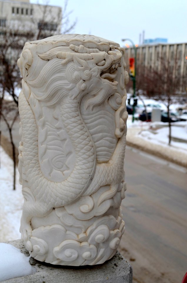 Decorative post outside entrance to Mandarin Building from China town bridge, Winnipeg, Manitoba
