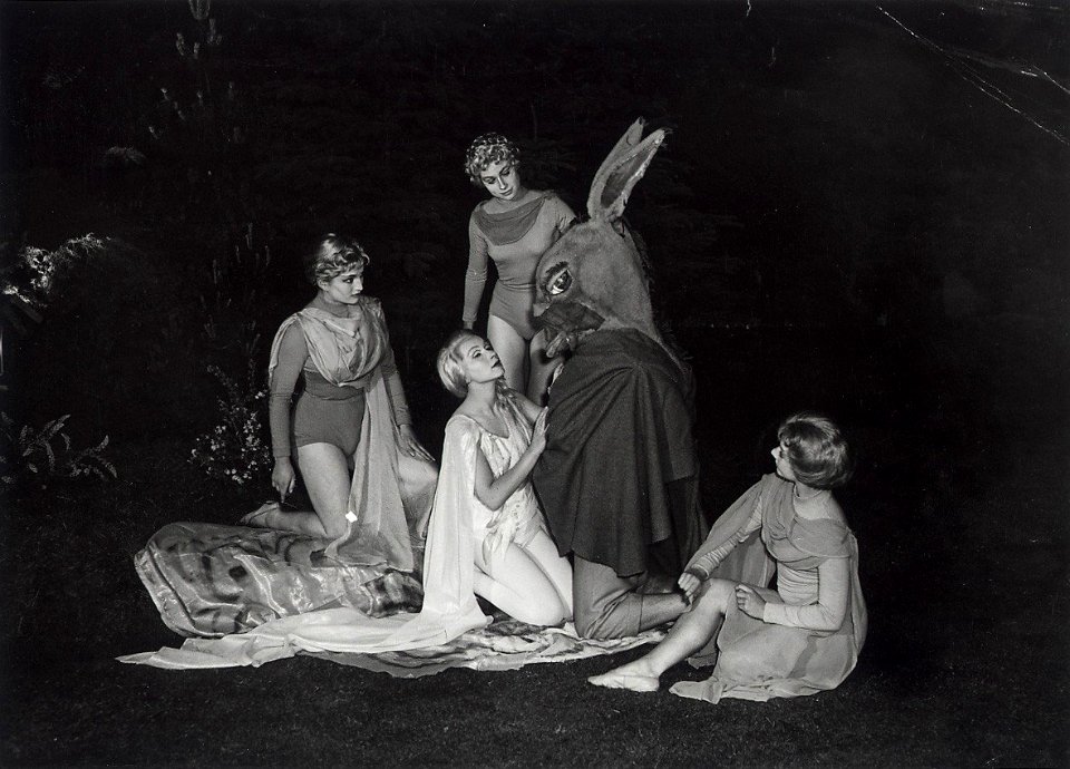 De Oxford Playhouse Company heeft de premiere gegeven van a Midsummer Night's Dream, de foto is een scene met Bottom. Aangekocht in 1976 van fotograaf c. de Boer. Identificatienummer 54-010282