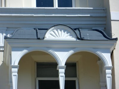 Decorative Ammonite Capital at the former Belgrave Hotel, bottom of West Street, Brighton (April 2013)