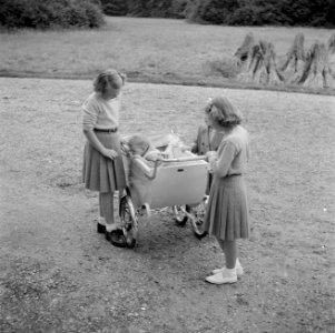 De prinsessen Beatrix, Irene en Margriet bij de kinderwagen met daarin prinses C, Bestanddeelnr 255-7541