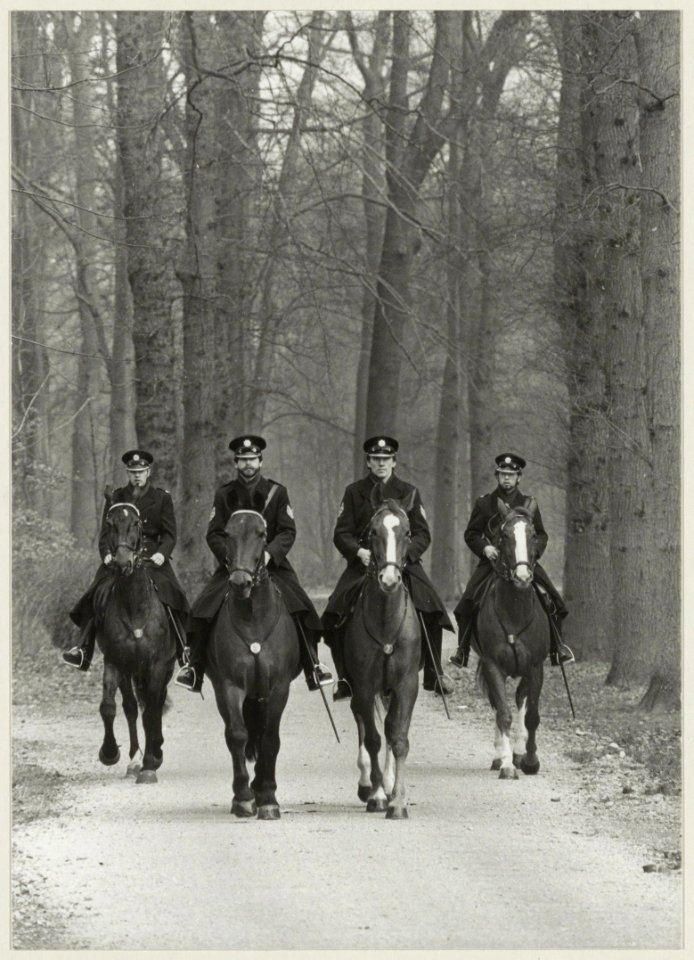 De ruiters van de bereden politie aan de Wagenweg in de Haarlemmerhout. NL-HlmNHA 54011439