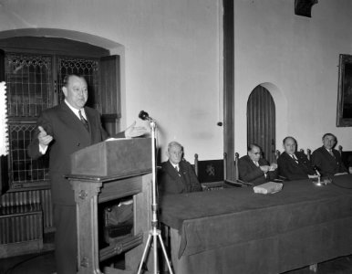 De vroegere secretaris-generaal van de Verenigde Naties, Trygve Lie, spreekt in , Bestanddeelnr 906-8509