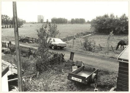 De toen nog onbebouwde Zuiderpolder, gezien vanaf het Liewegje. Op de achtergrond flats aan de Leonard Springerlaan