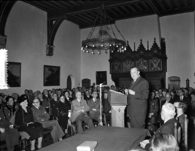 De vroegere secretaris-generaal van de Verenigde Naties, Trygve Lie, spreekt in , Bestanddeelnr 906-8508