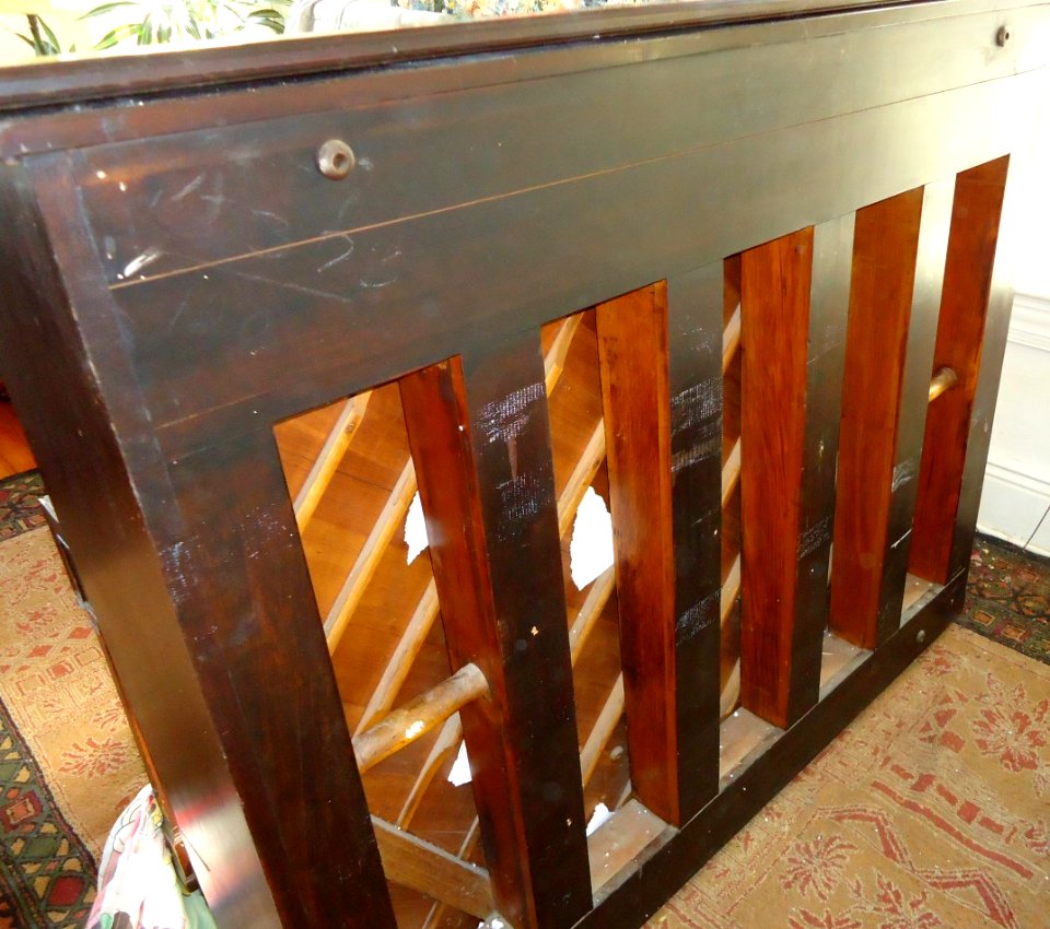 Demolition of upright Knabe piano rear of piano with handles