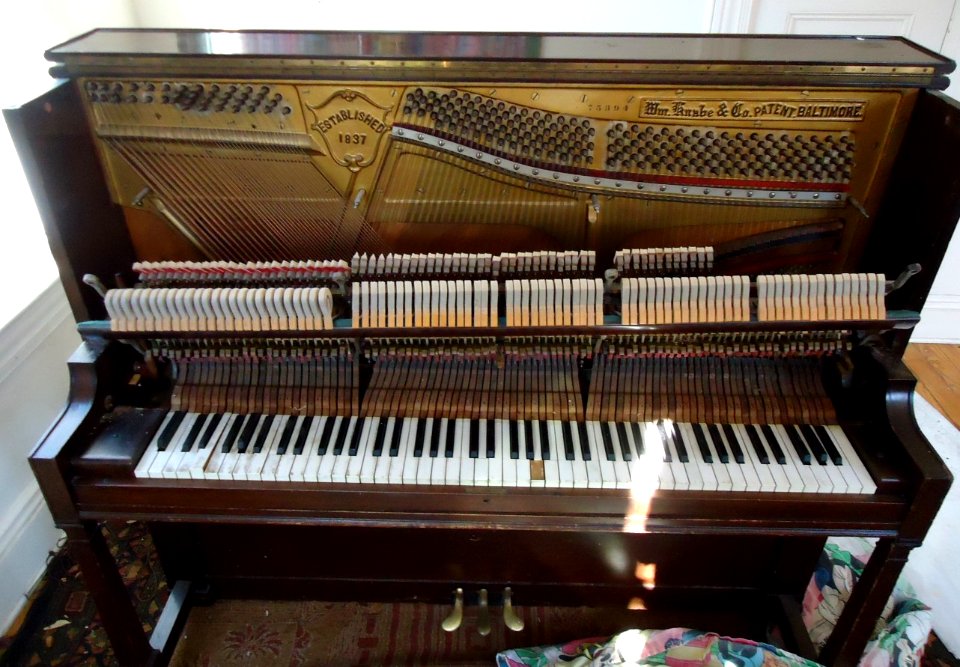 Demolition of upright Knabe piano hammer mechanism coming off
