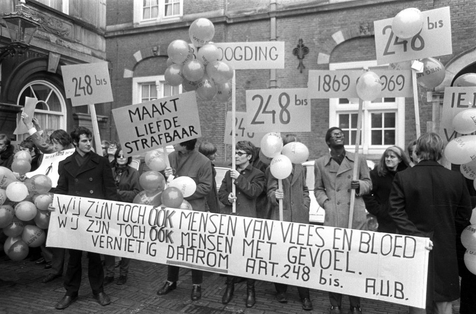 Demonstratie tegen wetsartikelen over homofilie contacten op het Binnenhof jonge, Bestanddeelnr 922-0285