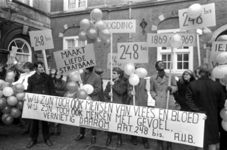 Demonstratie tegen wetsartikelen over homofilie contacten op het Binnenhof jonge, Bestanddeelnr 922-0285