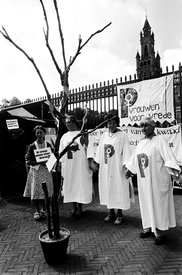 Demonstratie van Vrouwen voor Vrede voor het Vredespaleis in Den Haag omdat 35 …, Bestanddeelnr 930-9506