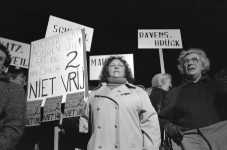 Demonstranten op het Binnenhof tegen vrijlating, Bestanddeelnr 934-3950 photo