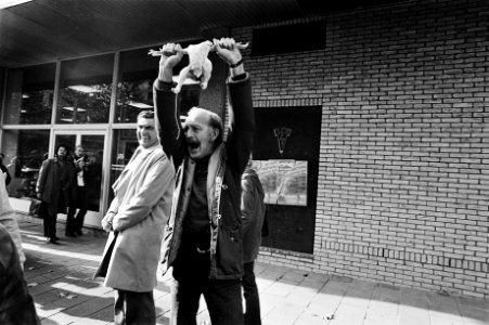 Demonstrant steekt kale kip in de lucht, Bestanddeelnr 930-5231