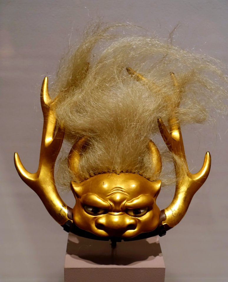 Demon mask helmet ornament for the Nimaido tosei gusoku armor, Japan, 1857 AD, wood, lacquer, paint, glass, animal hair - Portland Art Museum - Portland, Oregon - DSC08674