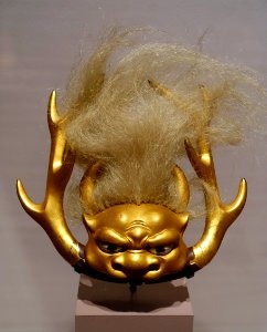 Demon mask helmet ornament for the Nimaido tosei gusoku armor, Japan, 1857 AD, wood, lacquer, paint, glass, animal hair - Portland Art Museum - Portland, Oregon - DSC08674