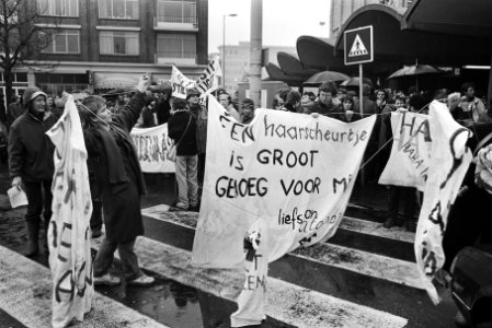 Demonstranten met spandoek Eén haarscheurtje is groot genoeg voor mij, Bestanddeelnr 932-5145