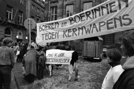 Demonstranten met spandoek Boeren en boerinnen tegen kernwapens en koe met dek, Bestanddeelnr 931-8180