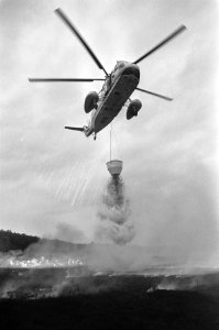 Demonstratie met helikopter voor bosbrand op Hoge Veluwe helikopter boven brand, Bestanddeelnr 925-0577
