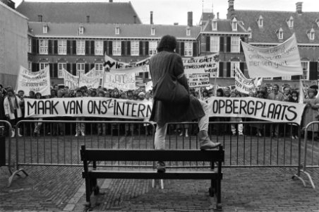 Demonstratie op Binnenhof tegen aangekondigde bezuinigingen in zwakzinnigenzorg , Bestanddeelnr 933-1527
