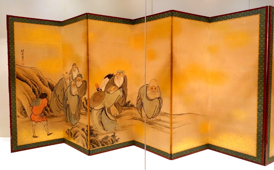 Daoist Immortals by Ki Baitei (1734-1810), view 1 of 2, Japan, Tokugawa period, late 18th century AD, pair of six-fold screens, ink, colors on gold paper - Ethnological Museum, Berlin - DSC02075